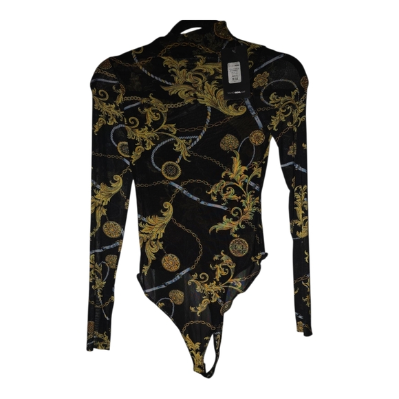 NWT Fashion Nova Black and Gold Baroque Bodysuit - Picture 1 of 1